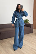 Zımbalı Denim Gömlek Pantolon Takım