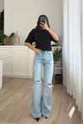 Dizi Yırtık Wide Leg Mavi Jean