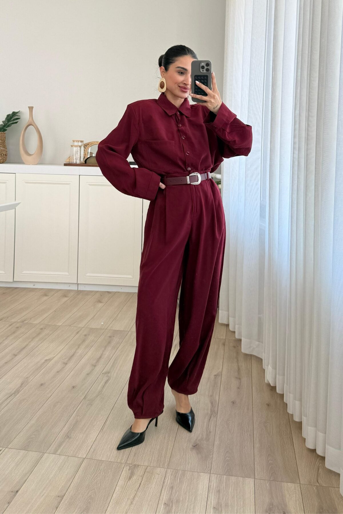 Çıtçıtlı Gömlek Kemerli Şalvar Pantolon Takım