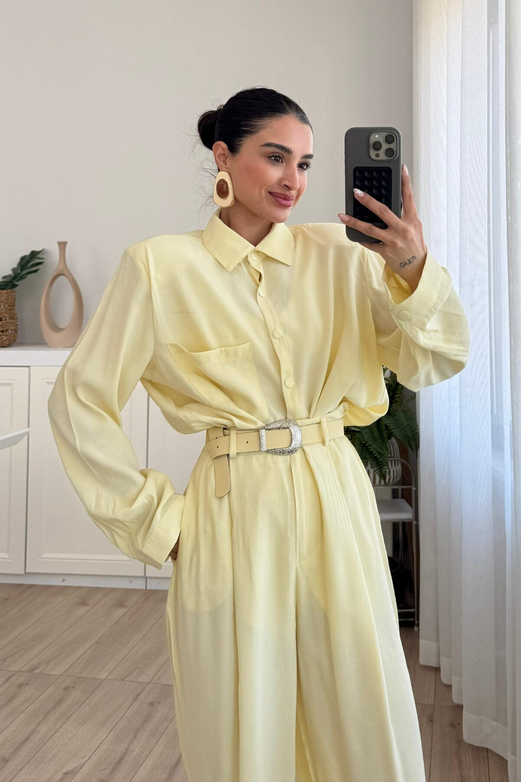 Çıtçıtlı Gömlek Kemerli Şalvar Pantolon Takım