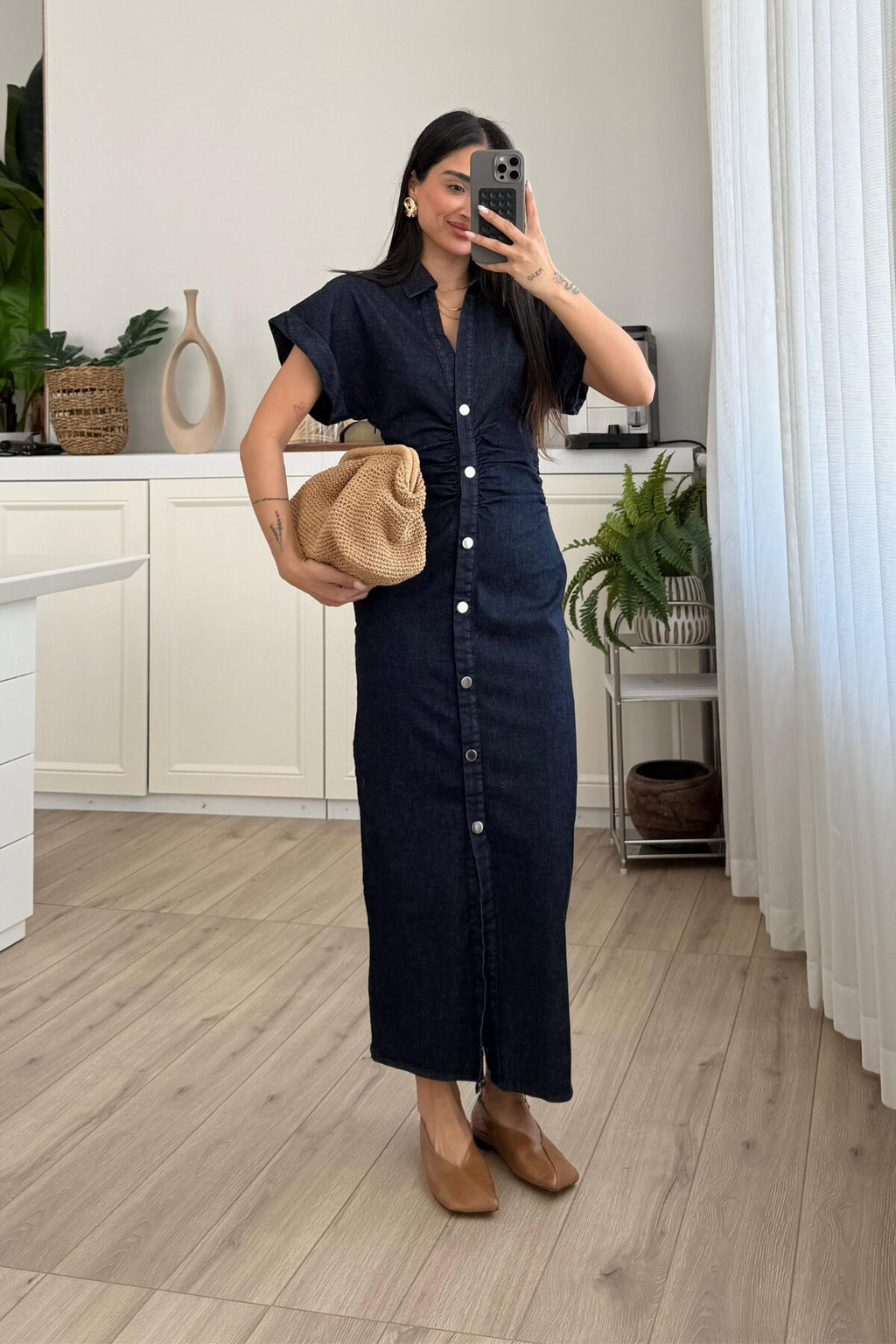 Denim Düşük Kol Beli Drapeli Elbise