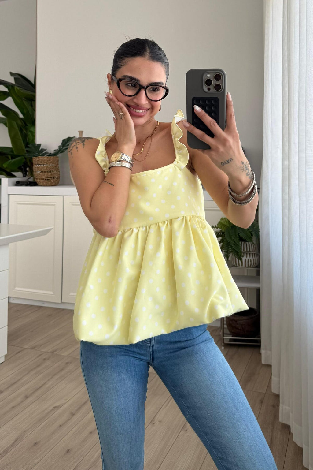 Fiyonk Detaylı Puantiyeli Balon Bluz