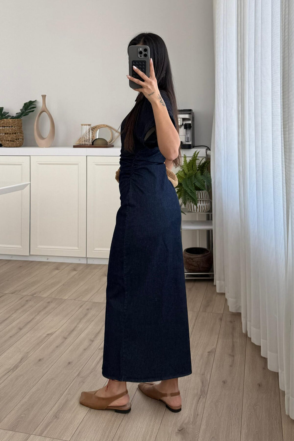 Denim Düşük Kol Beli Drapeli Elbise