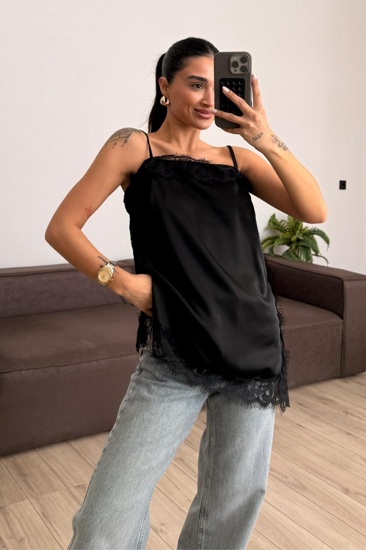 Askılı Dantel Detaylı Bluz