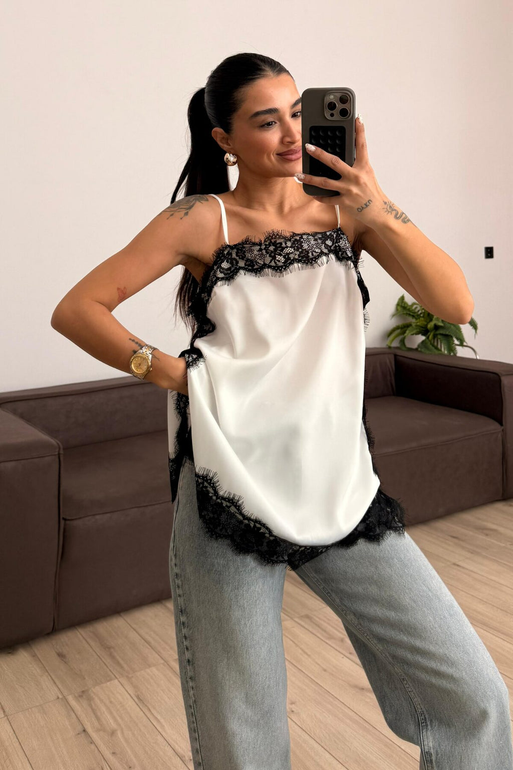 Askılı Dantel Detaylı Bluz