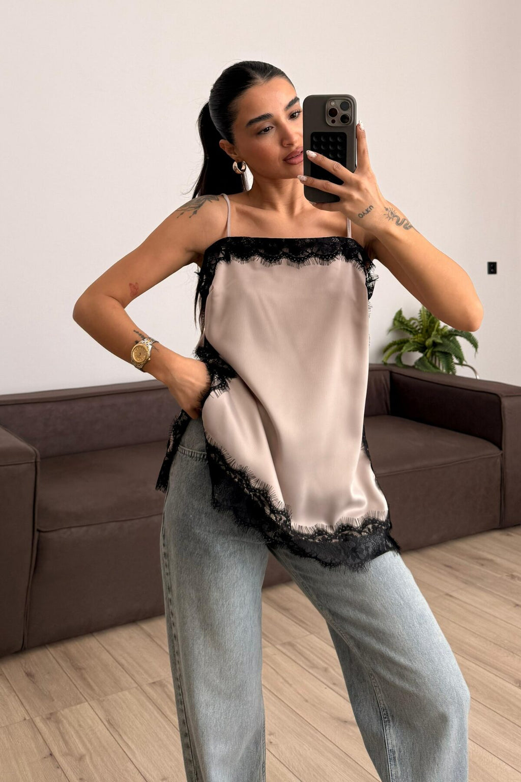 Askılı Dantel Detaylı Bluz