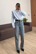 Paçası Kesik Straight Mavi Eskitme Jean