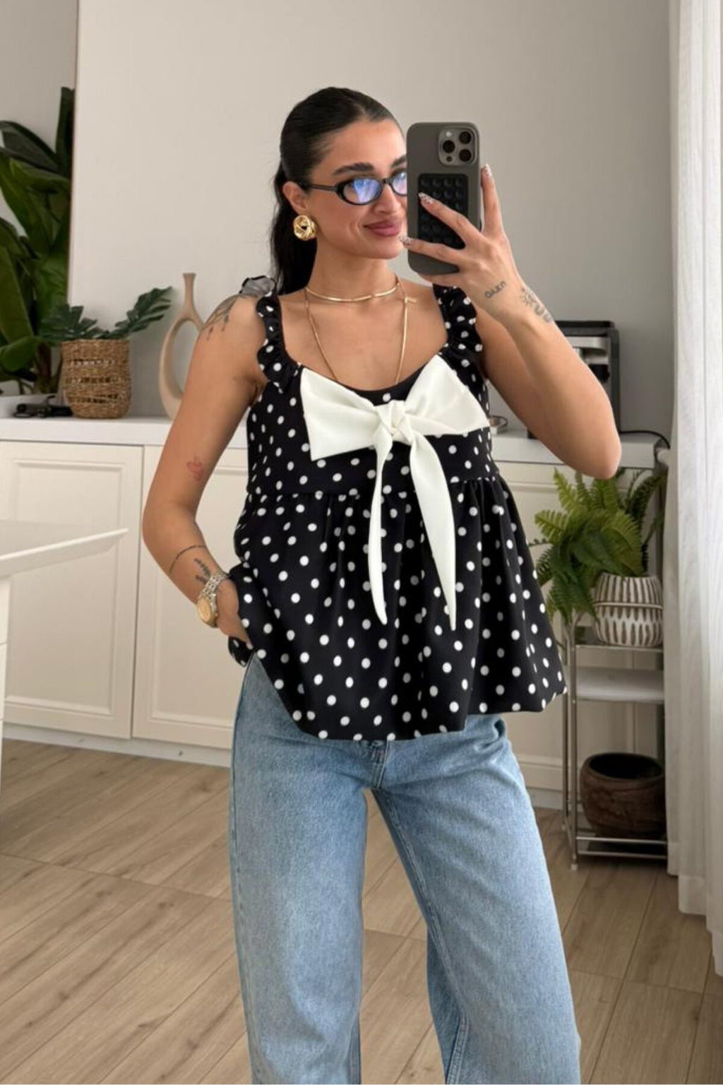 Fiyonk Detaylı Puantiyeli Balon Bluz