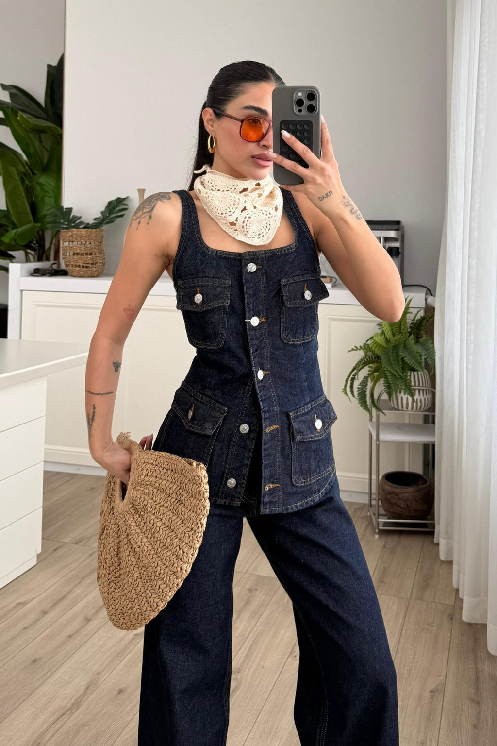 Çok Cepli Denim Yelek