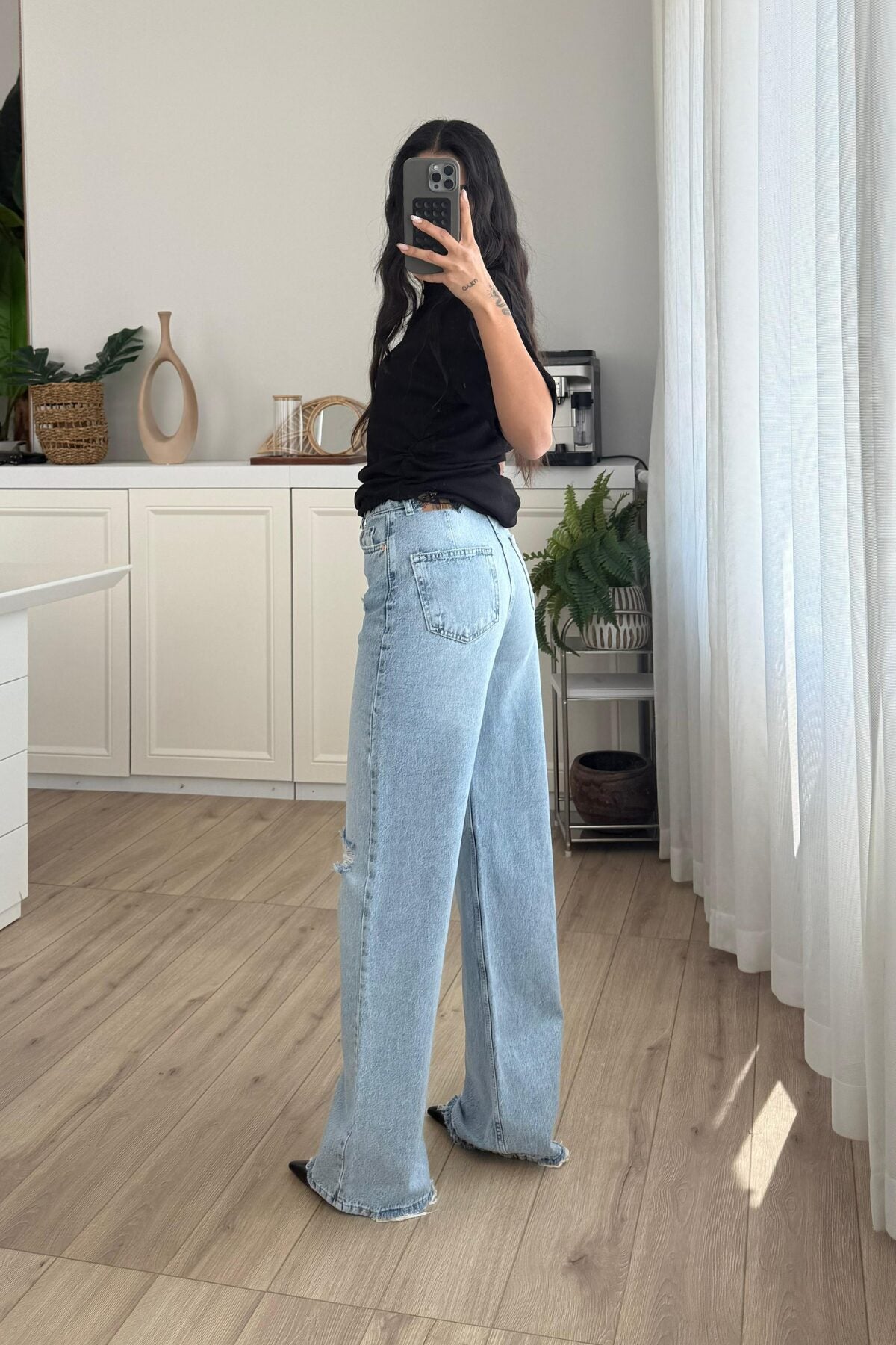 Dizi Yırtık Wide Leg Mavi Jean