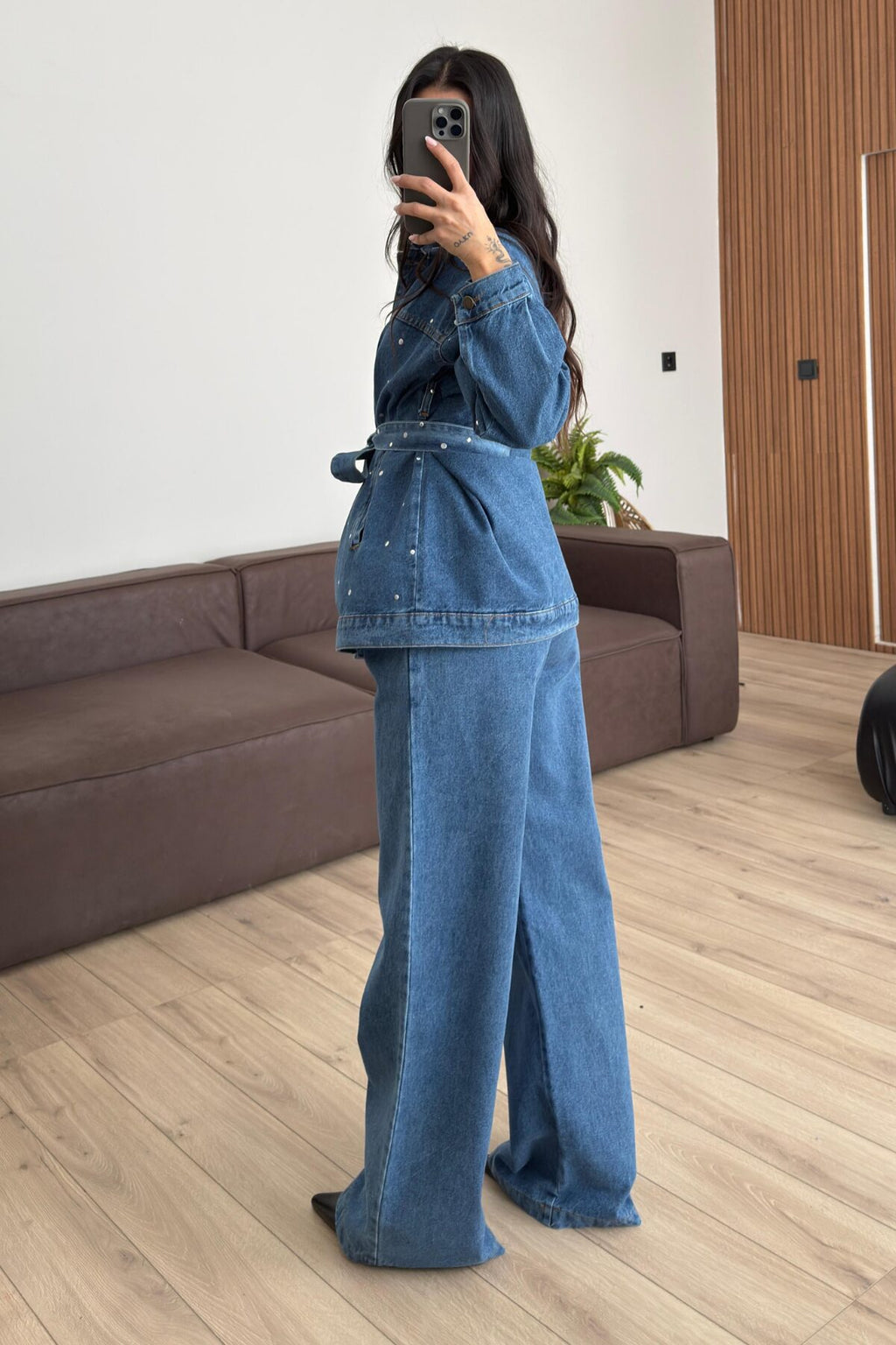 Zımbalı Denim Gömlek Pantolon Takım