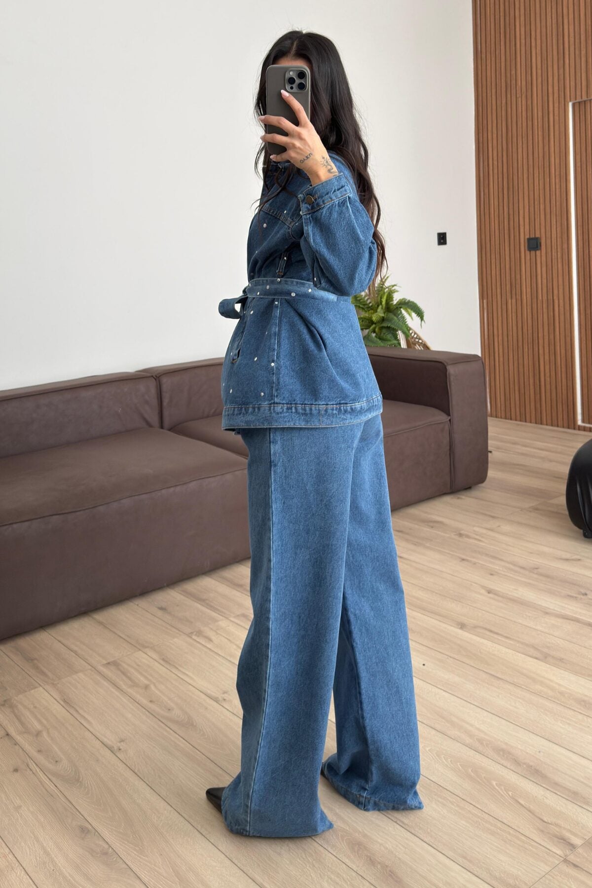 Zımbalı Denim Gömlek Pantolon Takım