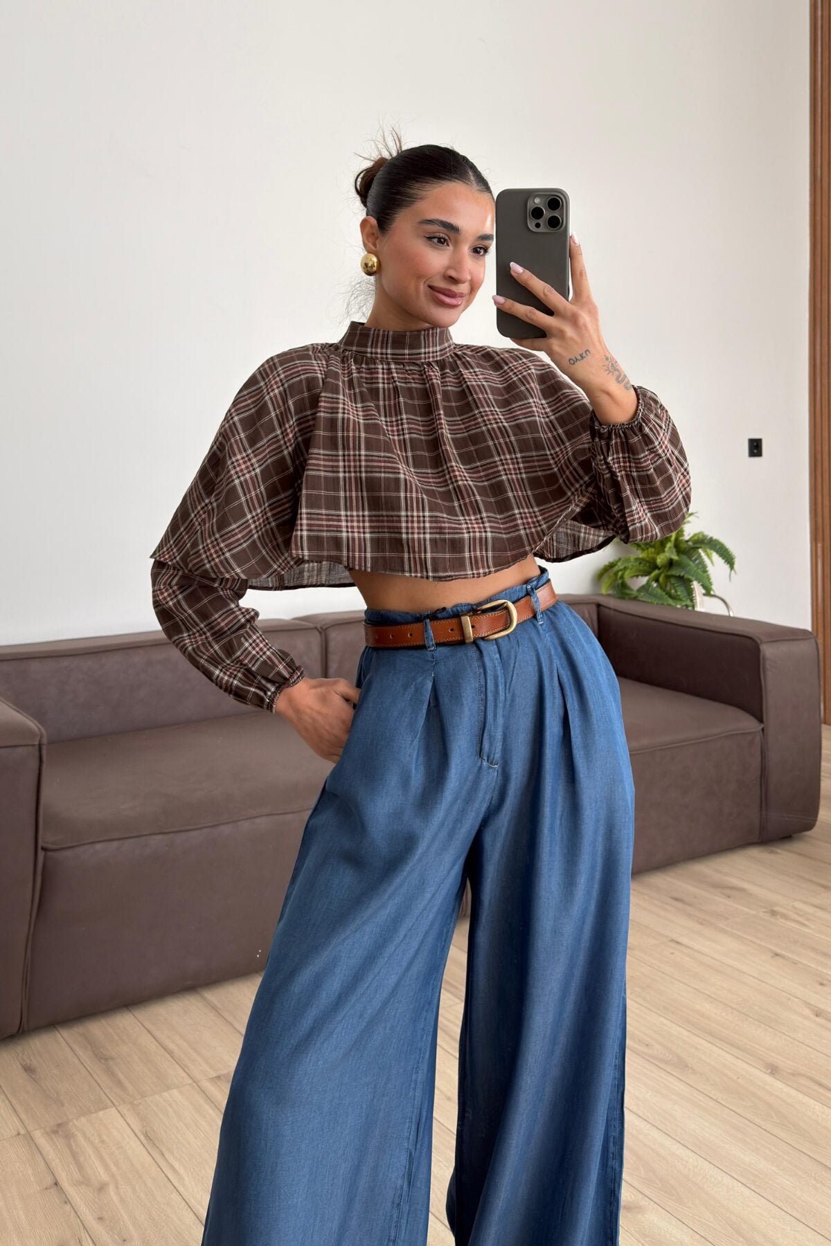 Yakalı Ekose Uzun Kol Crop