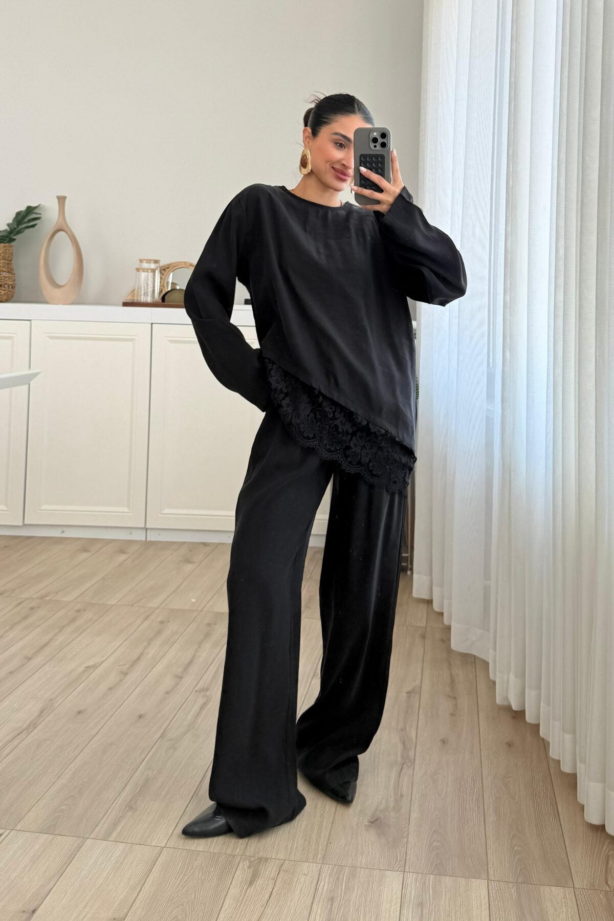 Asimetrik Dantel Detaylı Pantolon Takım