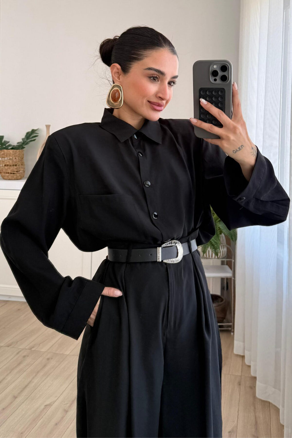 Çıtçıtlı Gömlek Kemerli Şalvar Pantolon Takım