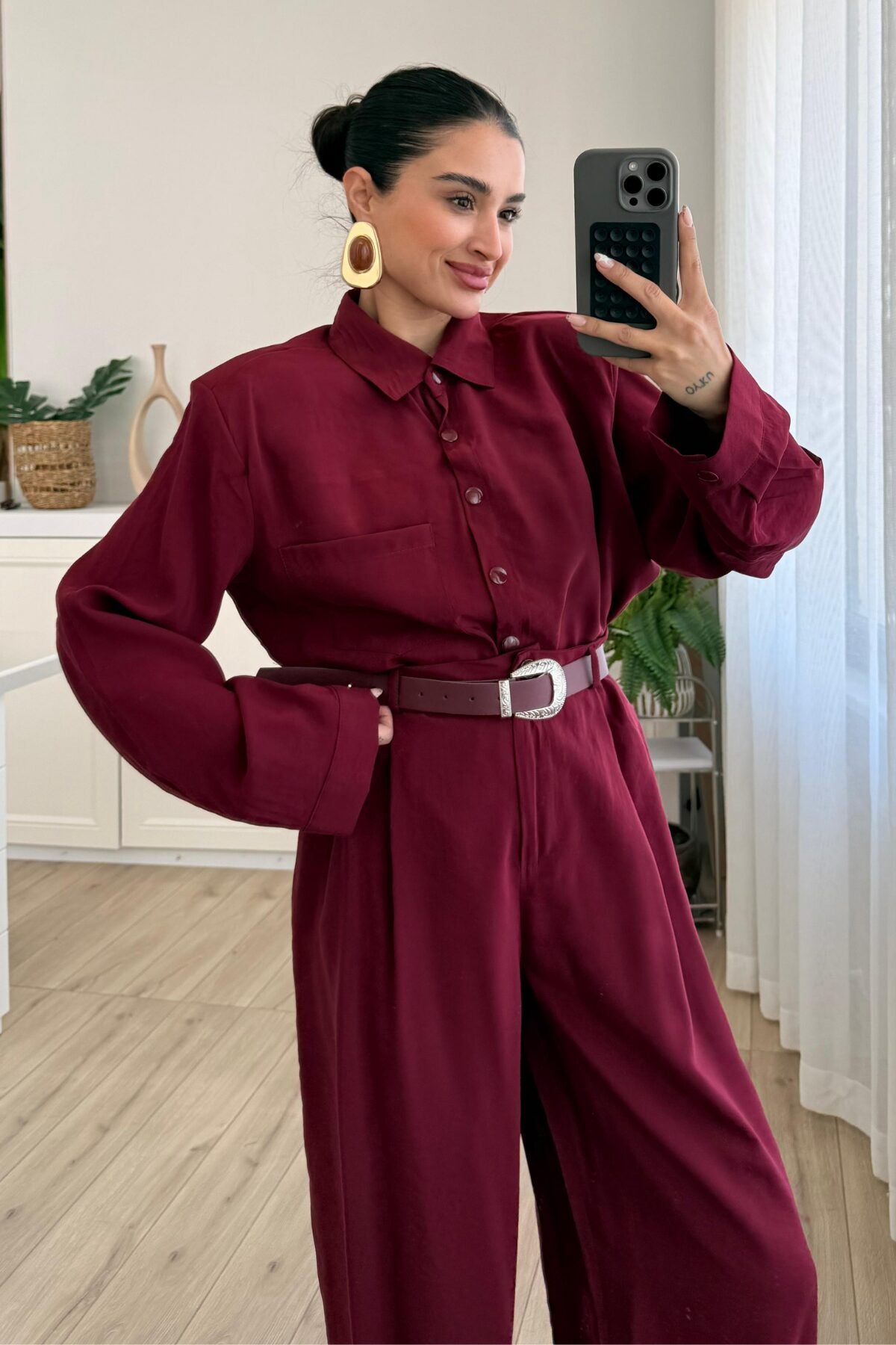 Çıtçıtlı Gömlek Kemerli Şalvar Pantolon Takım