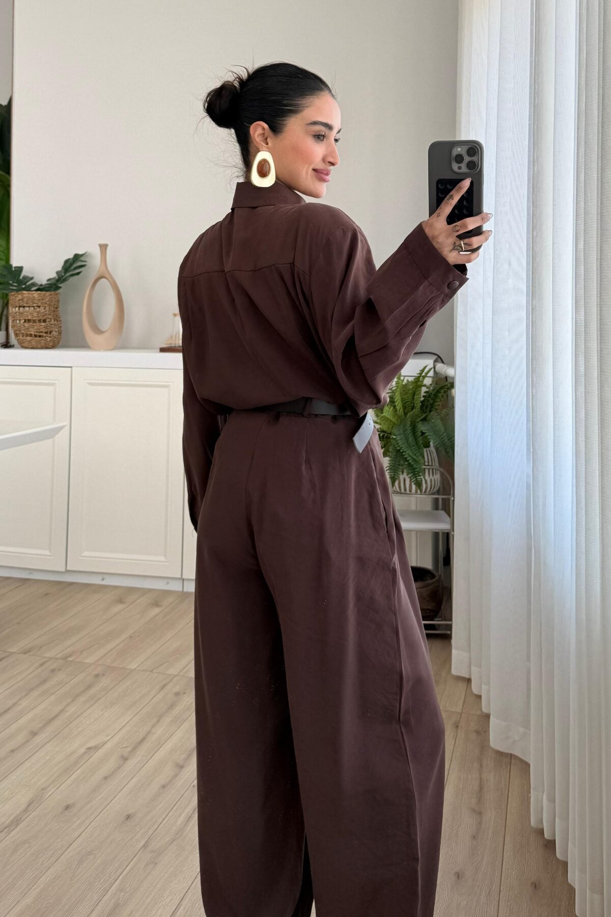 Çıtçıtlı Gömlek Kemerli Şalvar Pantolon Takım