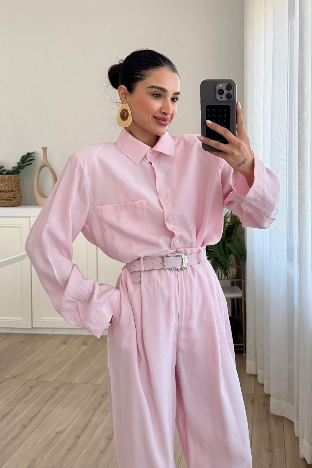 Çıtçıtlı Gömlek Kemerli Şalvar Pantolon Takım