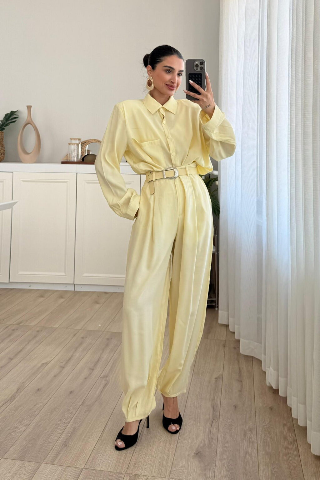 Çıtçıtlı Gömlek Kemerli Şalvar Pantolon Takım
