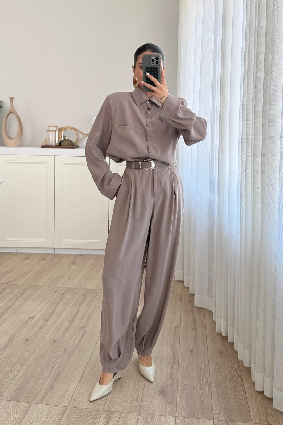 Çıtçıtlı Gömlek Kemerli Şalvar Pantolon Takım