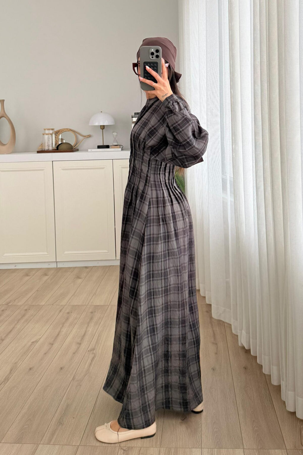 Pile Detaylı Ekose Elbise