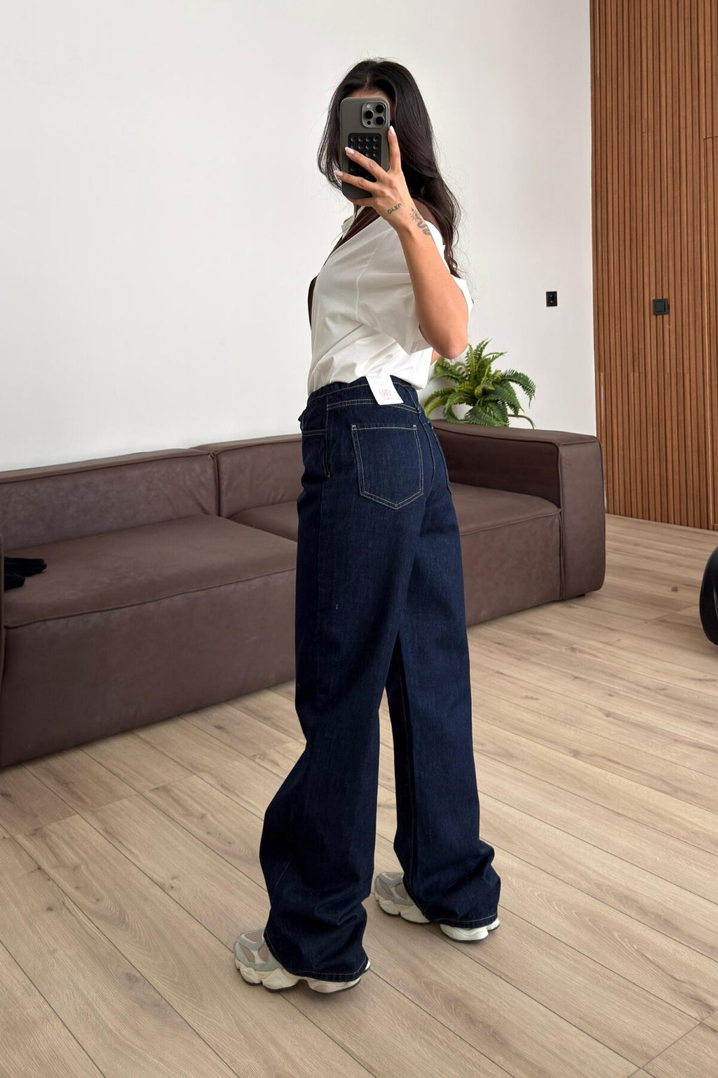 Beli Bağlamalı Wide Leg Lacivert Jean