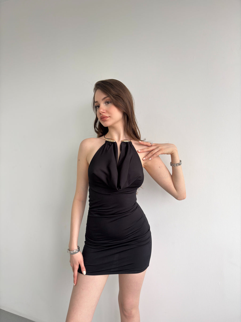 Boyun Detay Mini Elbise