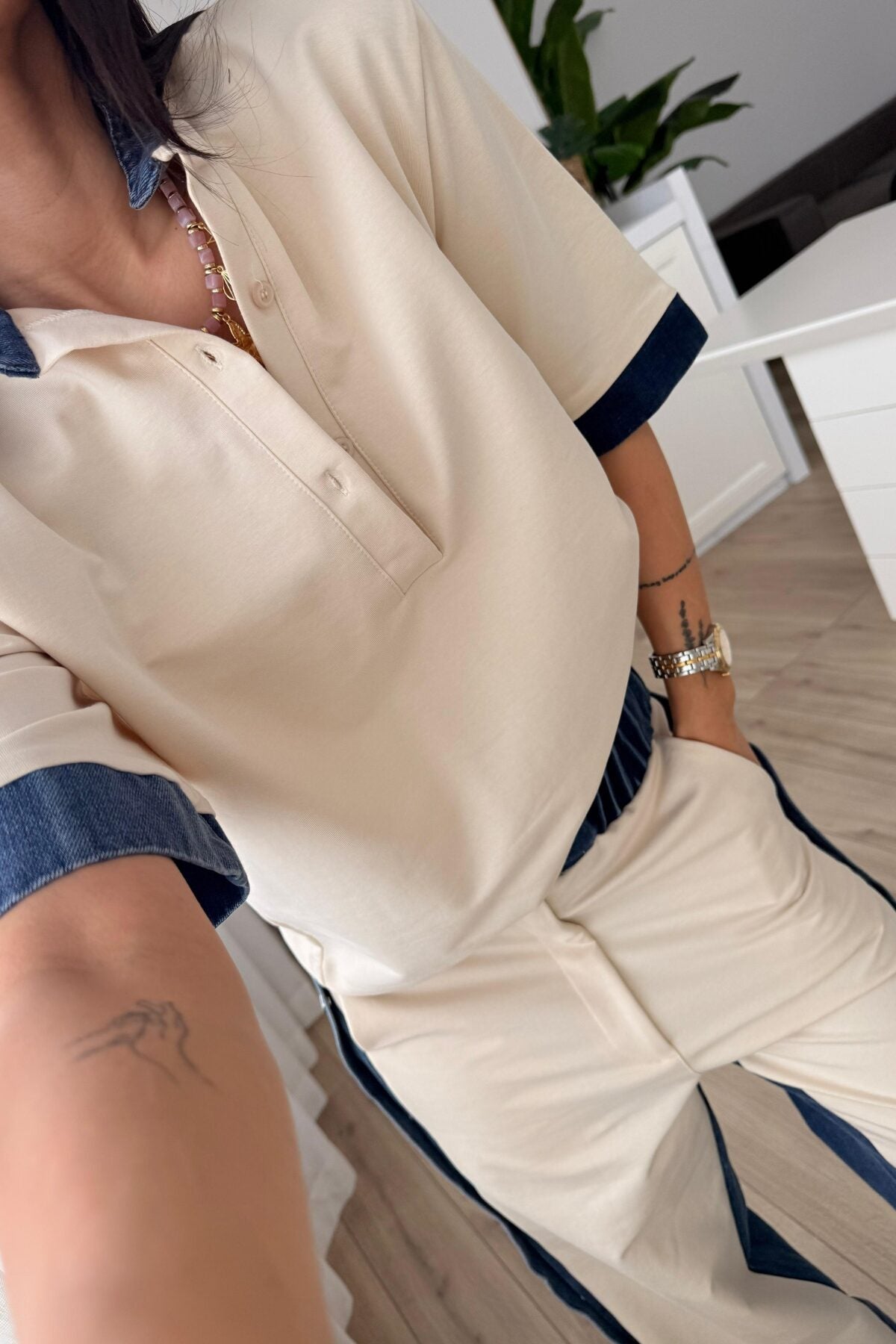 Denim Detaylı Hakim Yaka Takım