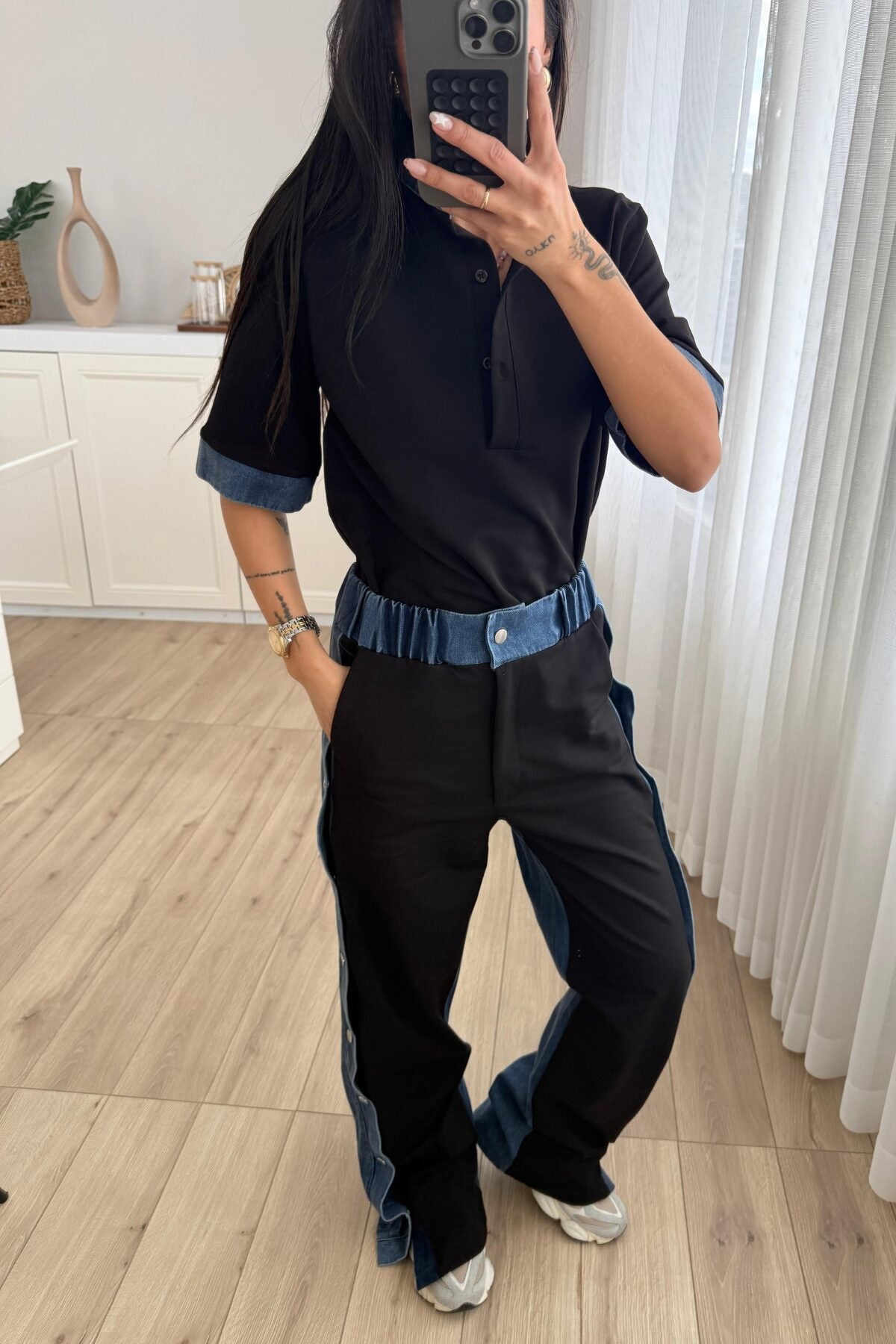 Denim Detaylı Hakim Yaka Takım