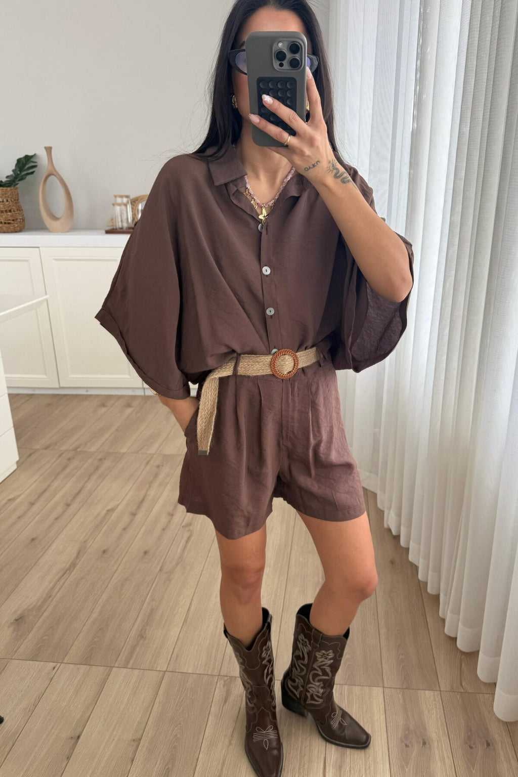 Hasır Kemerli Şort Gömlek Takım