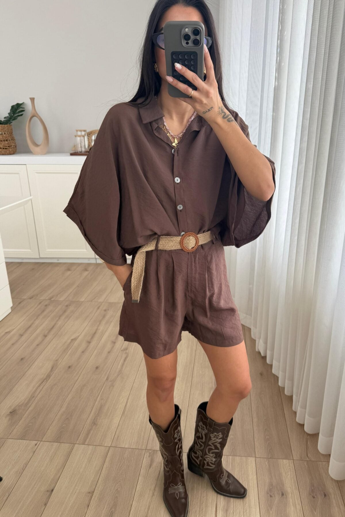 Hasır Kemerli Şort Gömlek Takım