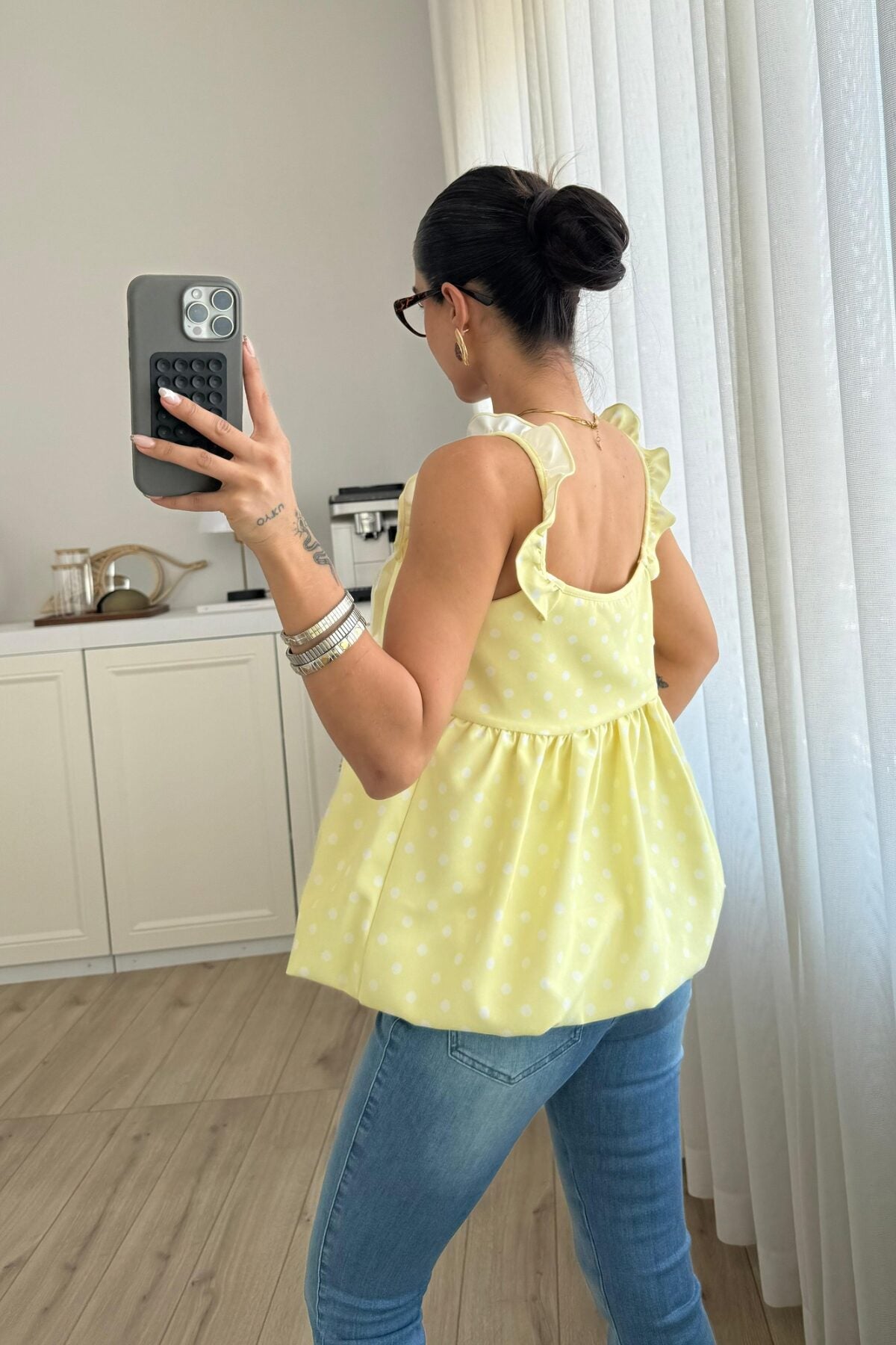 Fiyonk Detaylı Puantiyeli Balon Bluz
