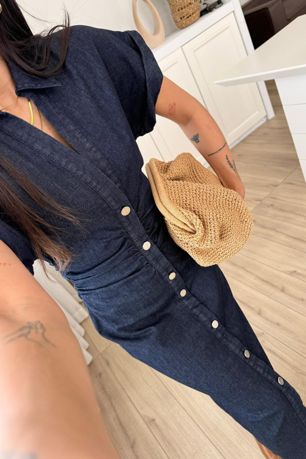 Denim Düşük Kol Beli Drapeli Elbise