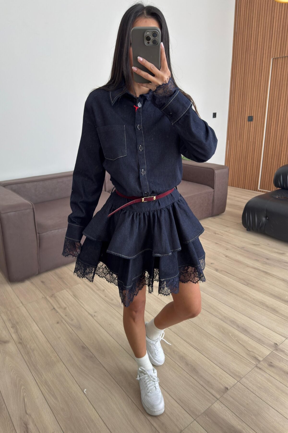 Güpür Detaylı Denim Gömlek Elbise