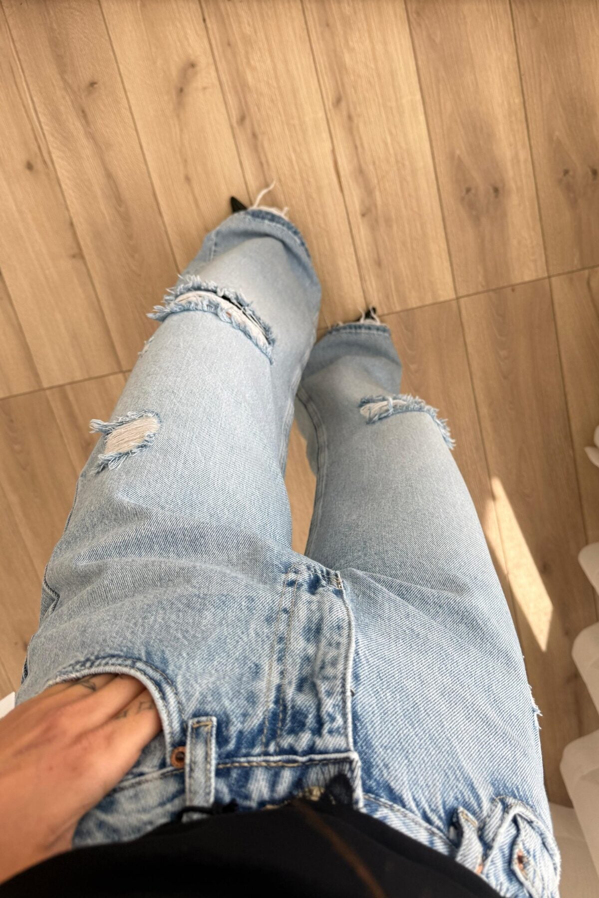 Dizi Yırtık Wide Leg Mavi Jean