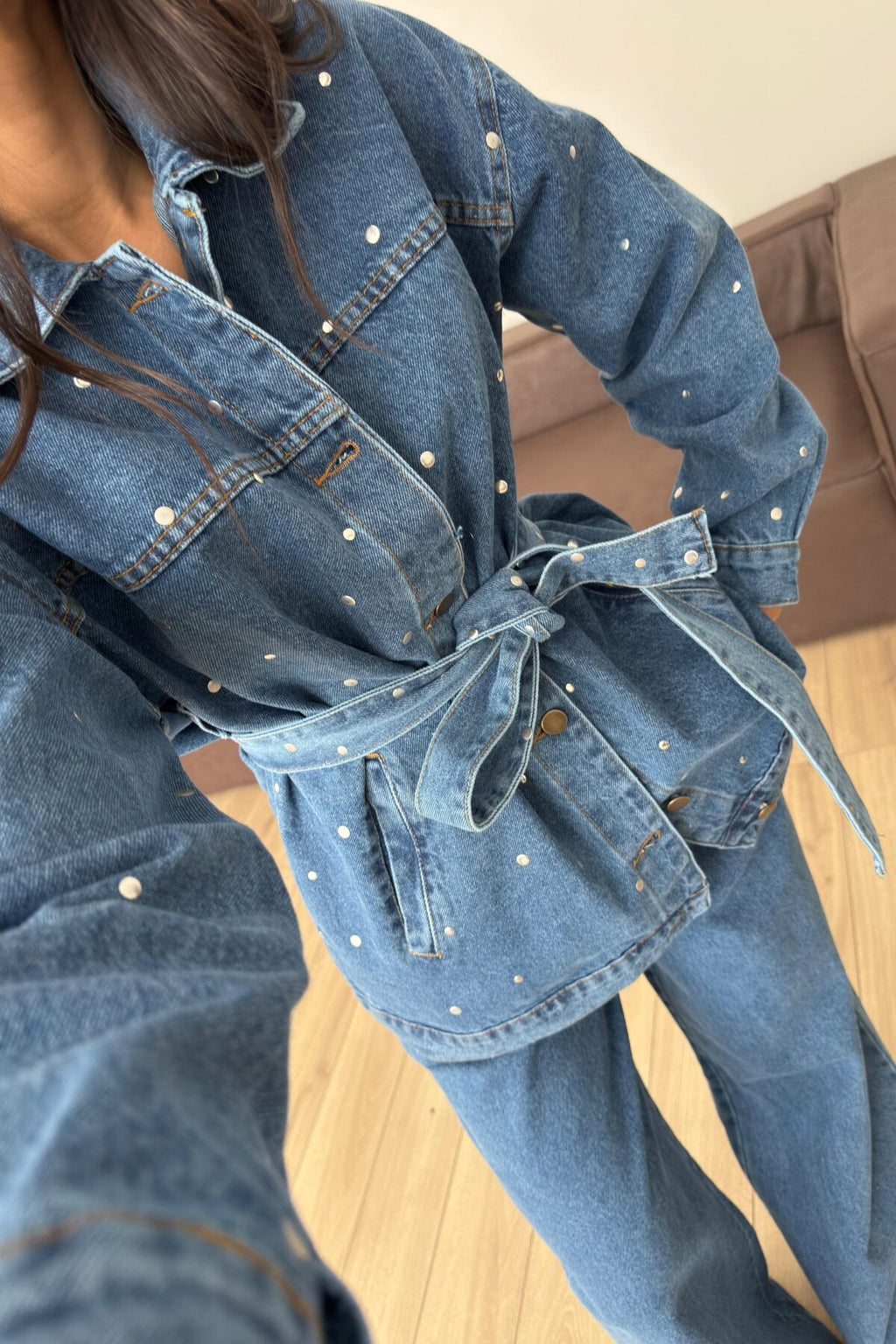 Zımbalı Denim Gömlek Pantolon Takım