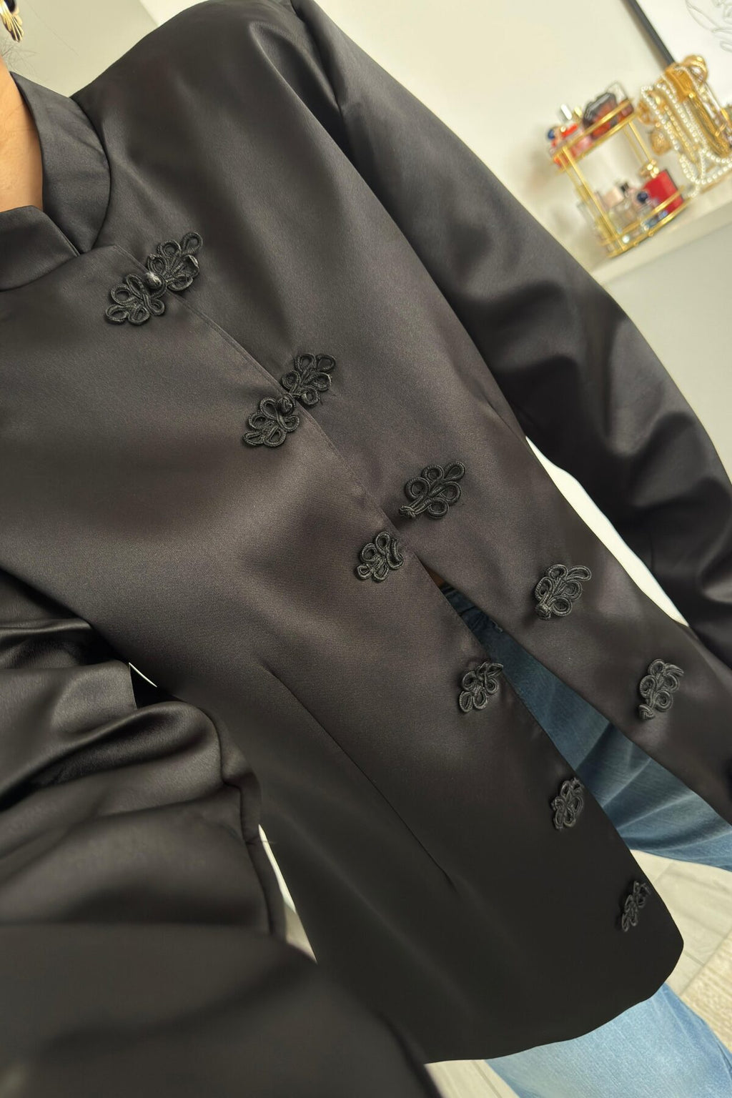 Saten Vatkalı Mandarin Ceket