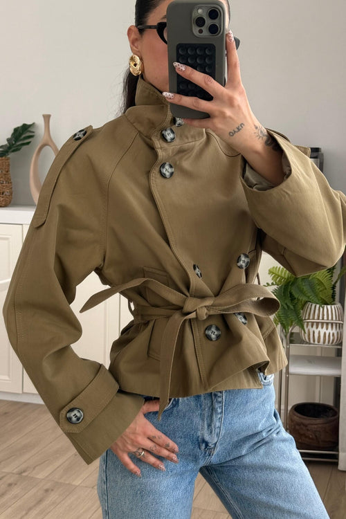 Apoletli Dik Yaka Kısa Trenç