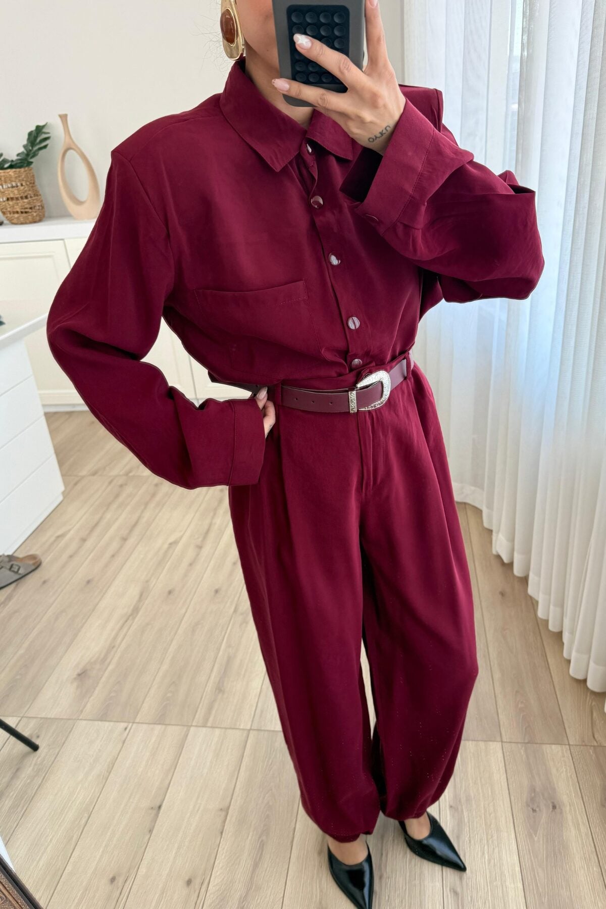 Çıtçıtlı Gömlek Kemerli Şalvar Pantolon Takım