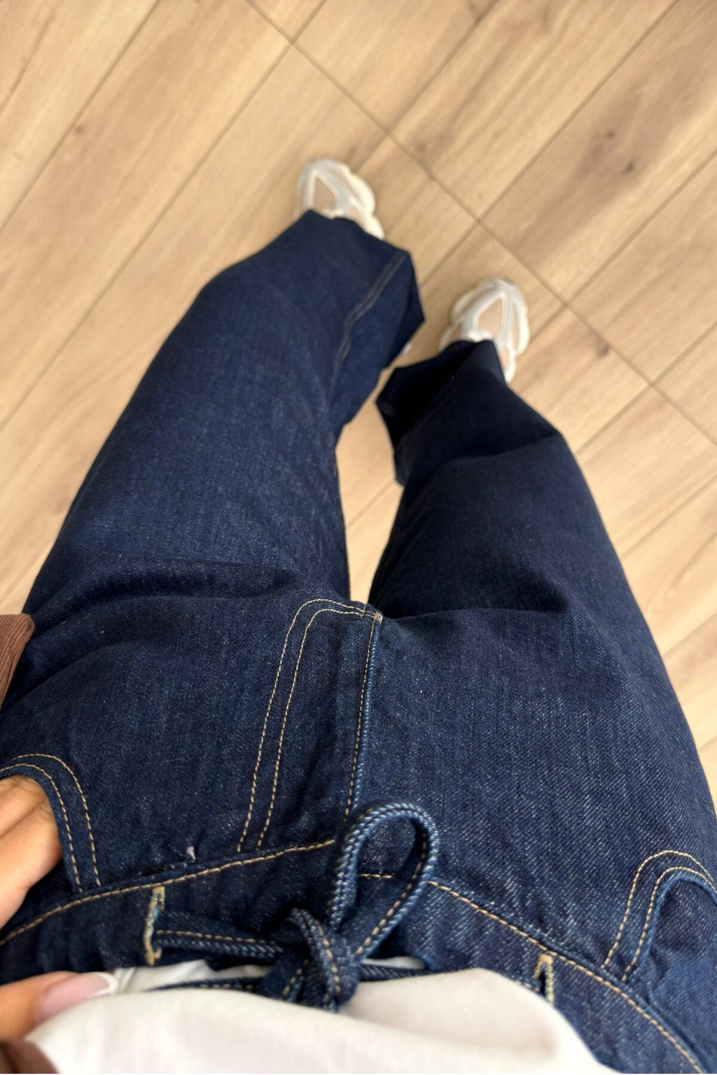 Beli Bağlamalı Wide Leg Lacivert Jean