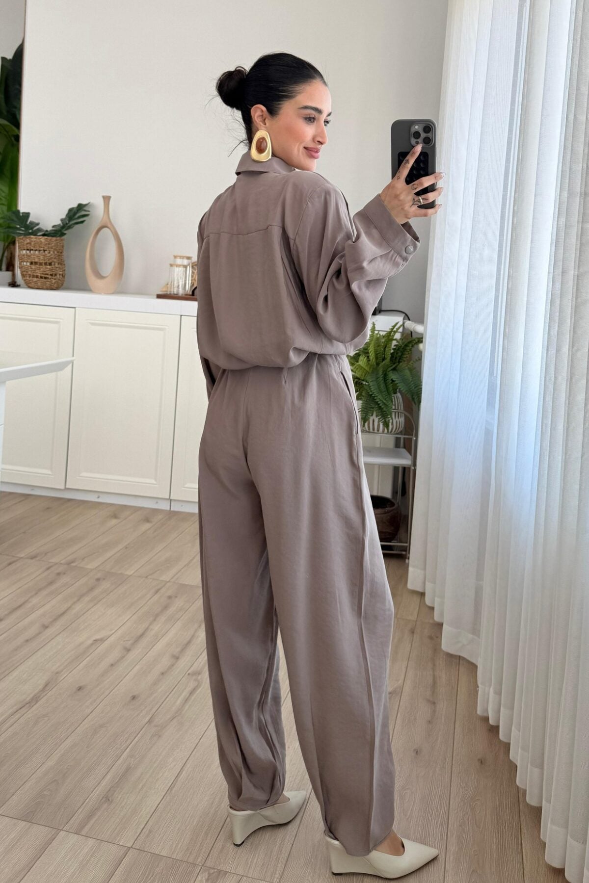 Çıtçıtlı Gömlek Kemerli Şalvar Pantolon Takım