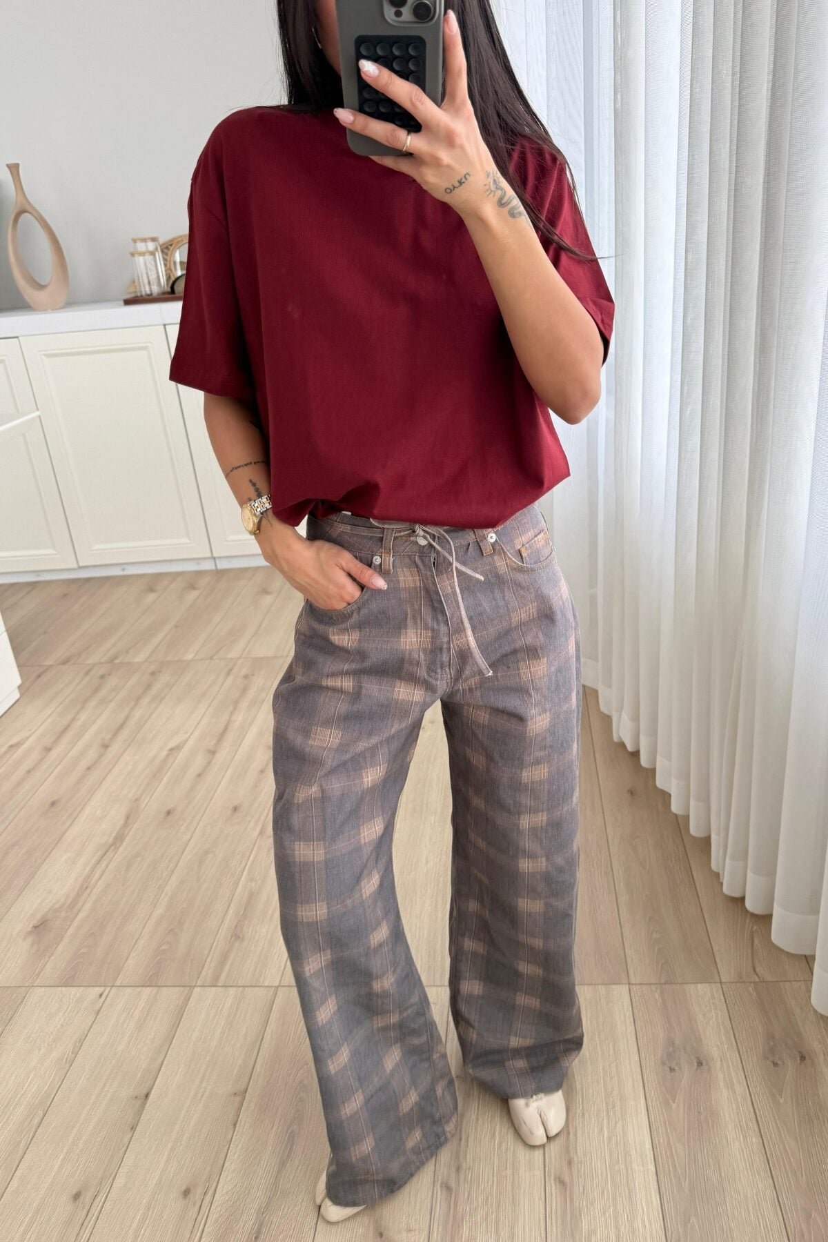 Beli İpli Geniş Paça Ekose Kahve Jean
