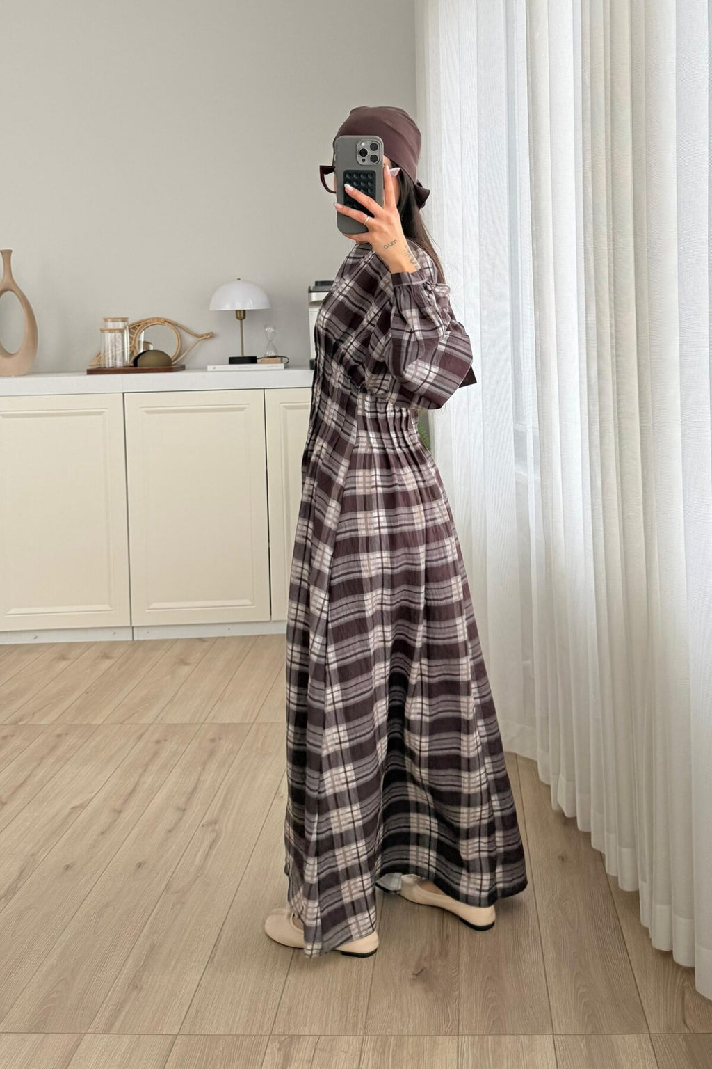 Pile Detaylı Ekose Elbise