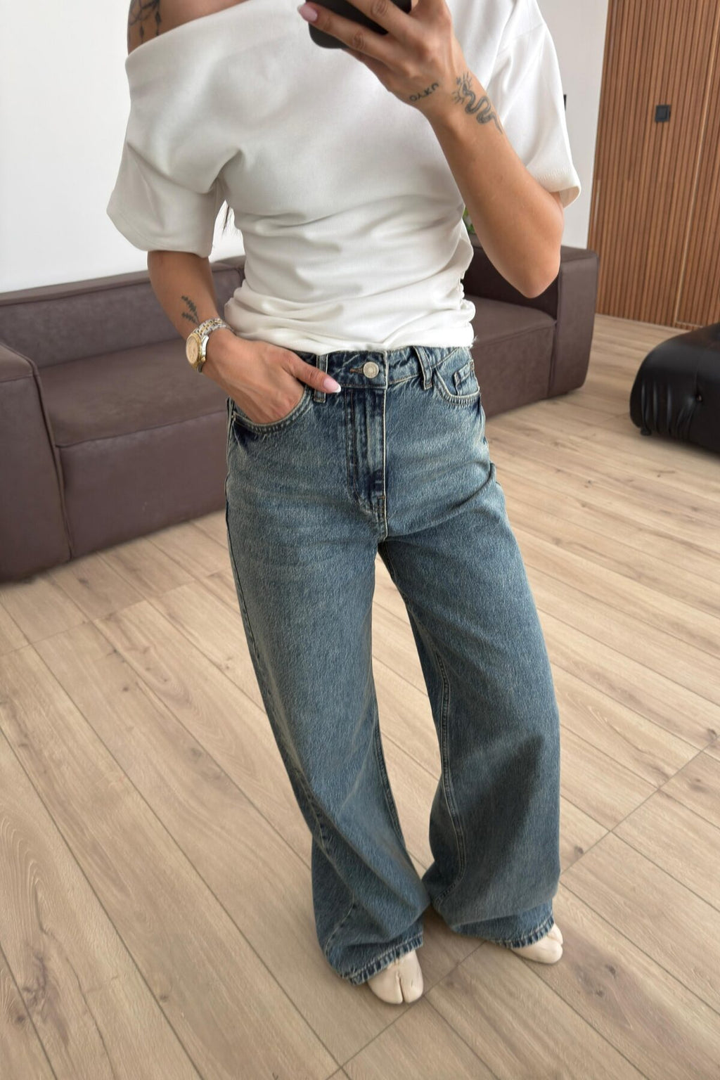 Bs Wide Leg Mavi Eskitme Jean