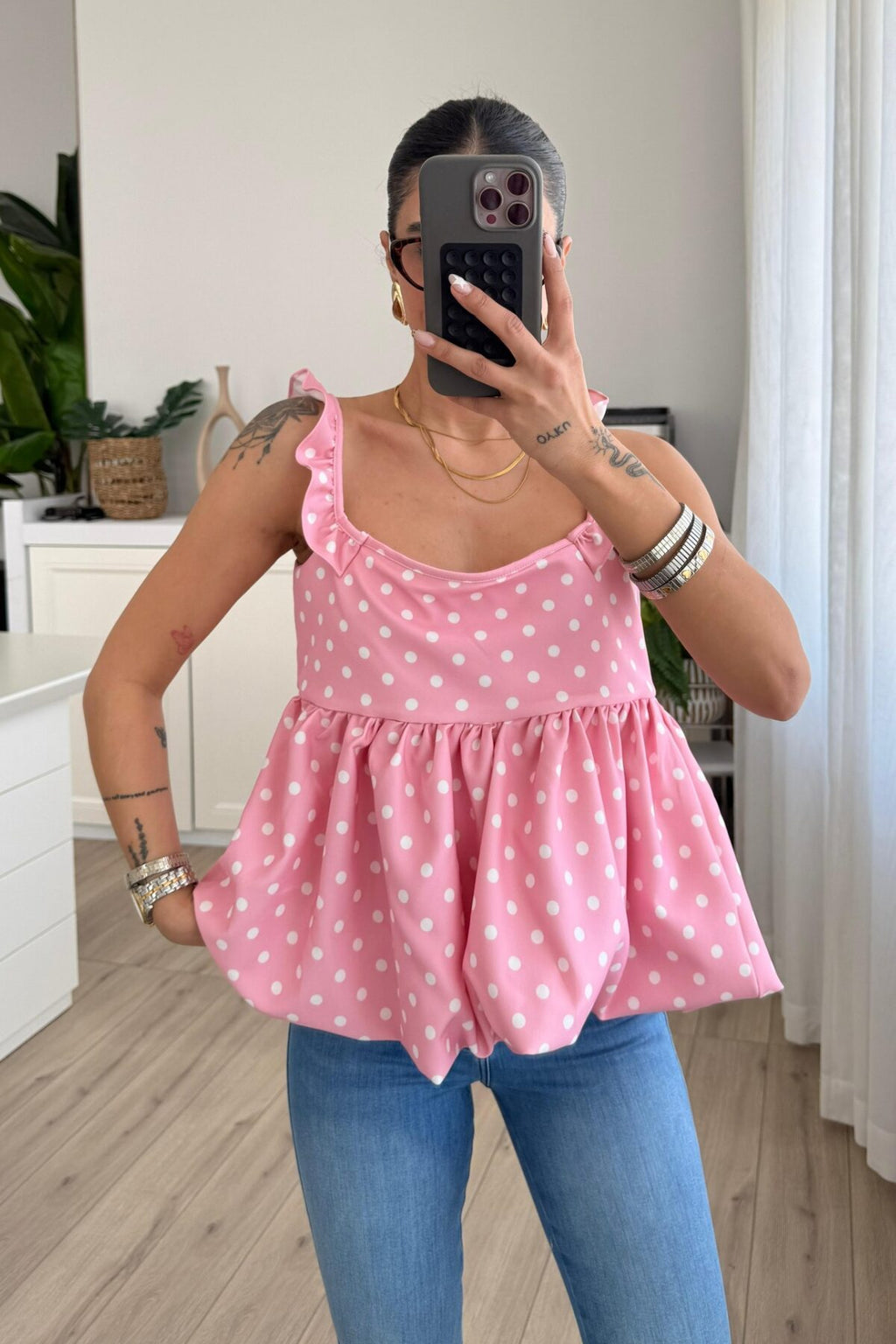 Fiyonk Detaylı Puantiyeli Balon Bluz