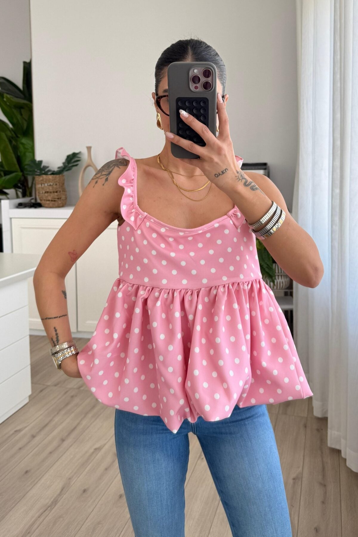 Fiyonk Detaylı Puantiyeli Balon Bluz