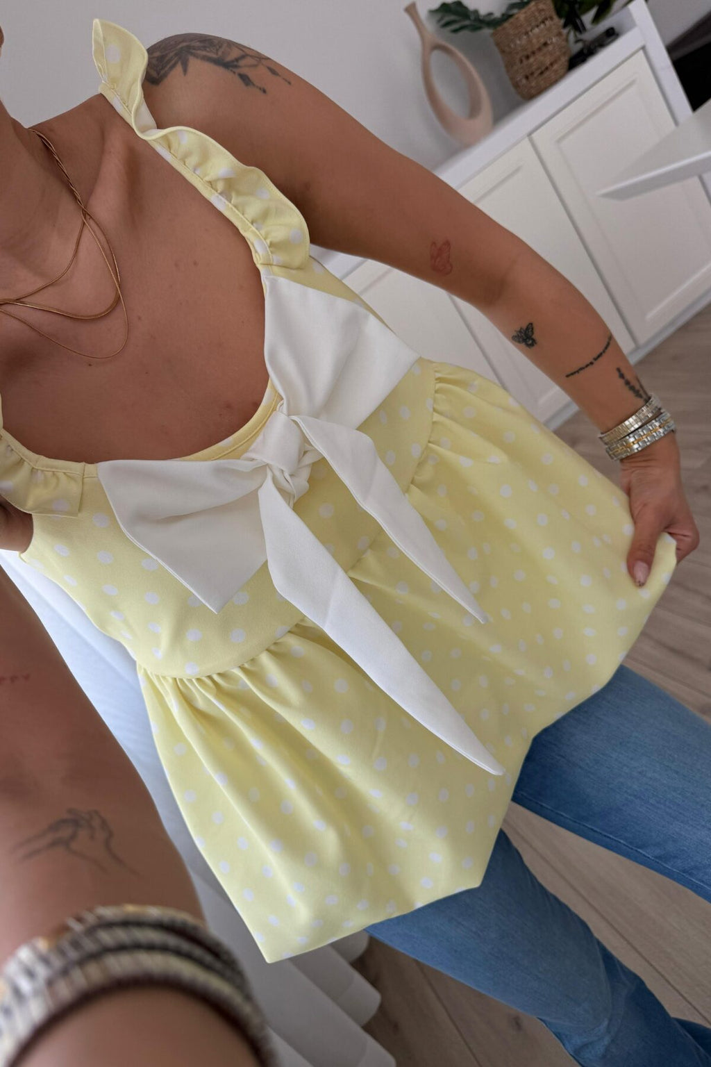 Fiyonk Detaylı Puantiyeli Balon Bluz
