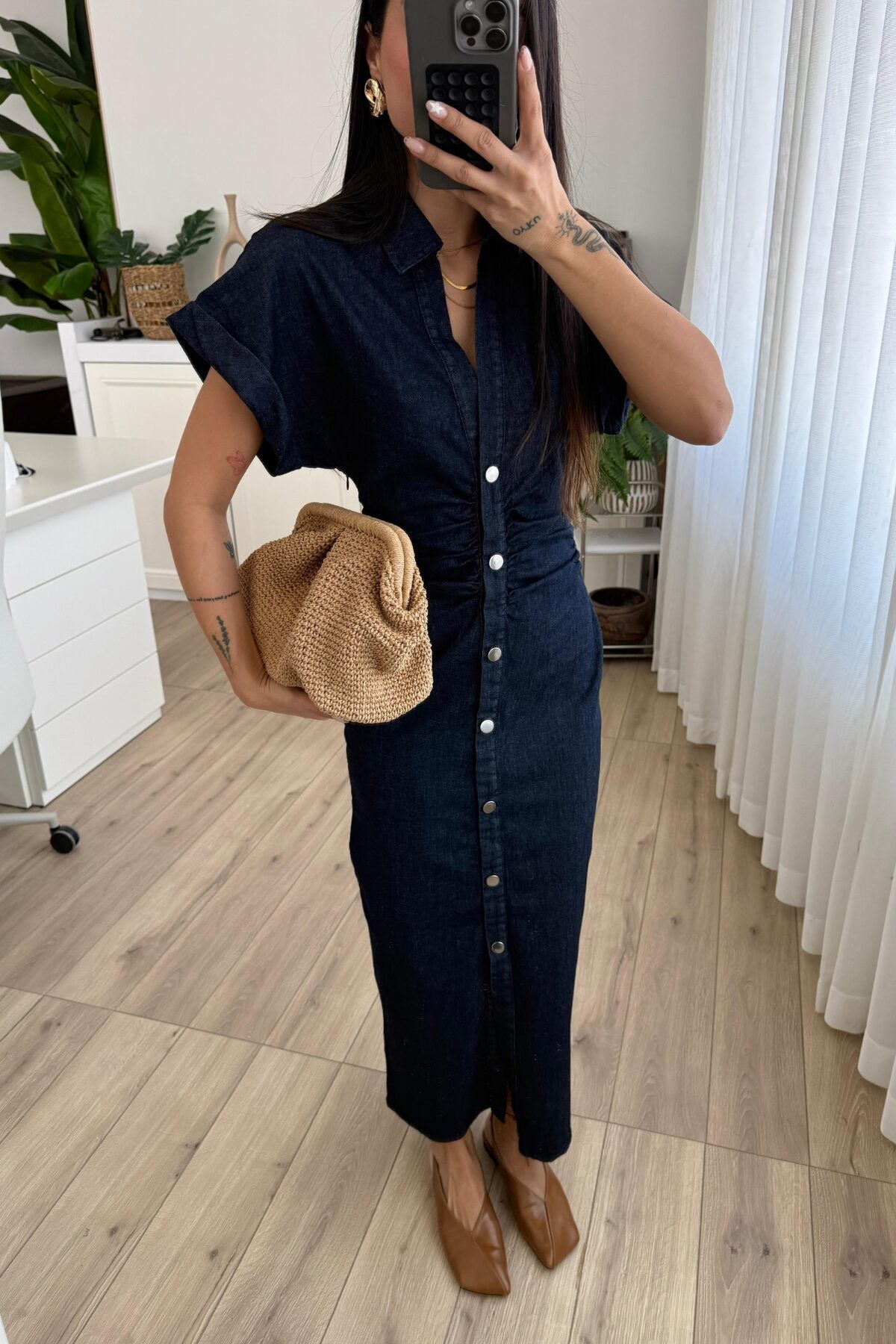 Denim Düşük Kol Beli Drapeli Elbise