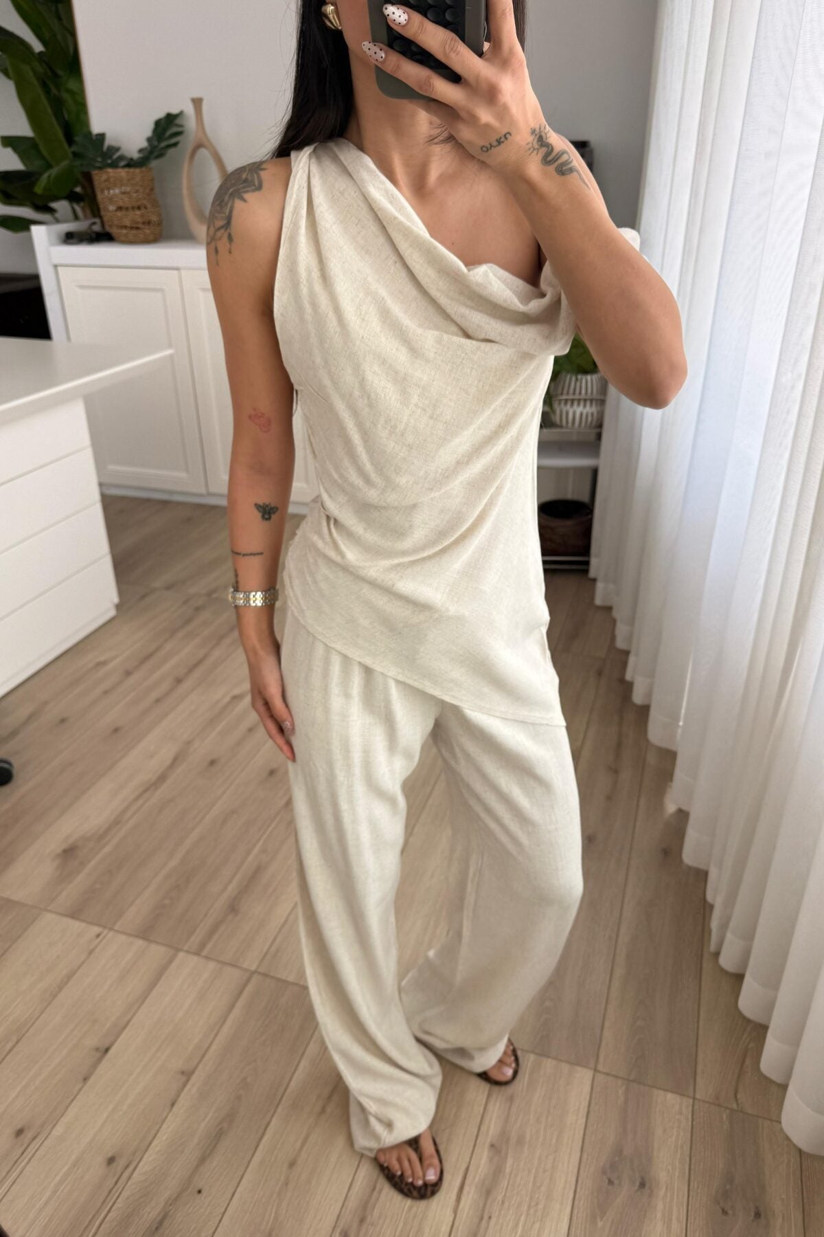 Asimetrik Kayık Yaka Bluz Pantolon Takım