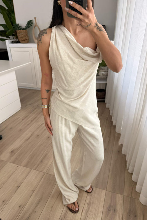 Asimetrik Kayık Yaka Bluz Pantolon Takım